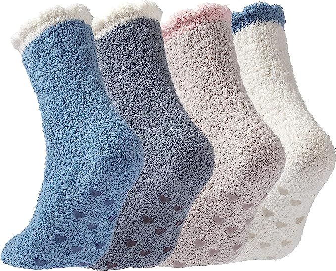 Women's Sherpa Anti-Skid Socks,Cozy Fuzzy Fleece-Lined Warm Socks with Silicone Grippers,Christma... | Amazon (US)
