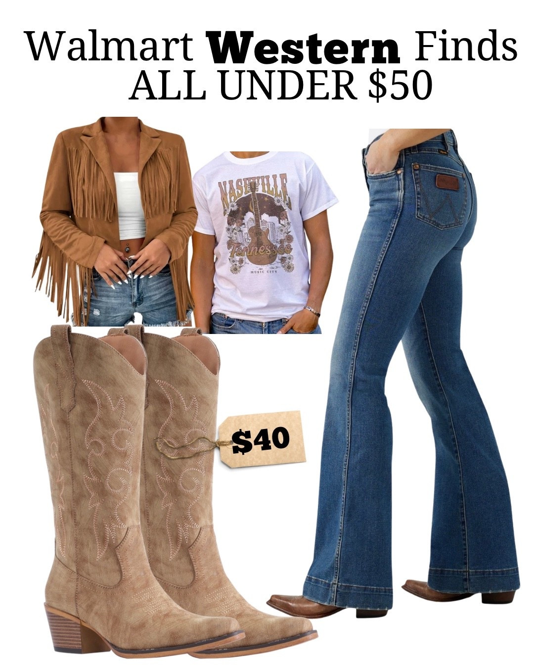 Walmart western finds that actually look $$$ 🤠
everything in this outfit is under $50 and SO easy to style

the boots are comfy, true to size, and don’t look cheap (you know the kind 👀)
throw on the fringe jacket + graphic tee and you’re set for concerts, weekends, or everyday

linking all my top picks before they sell out 👏

#westernstyle #walmartfinds #cowgirlstyle #affordablefashion #ltkunder50 #countryconcertoutfit #westernwear #budgetstyle

#LTKSeasonal #LTKFestival #LTKootd