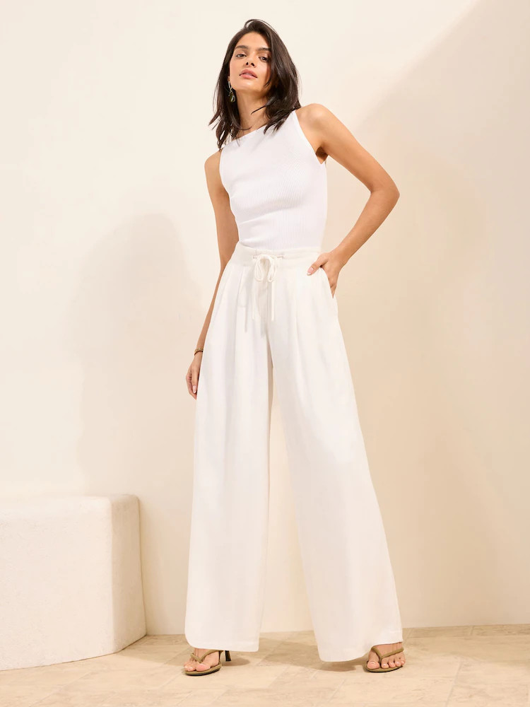Buy Friends Like These X Lucy Mecklenburgh White Super Wide Leg Trousers with Linen from Next Uni... | Next UAE