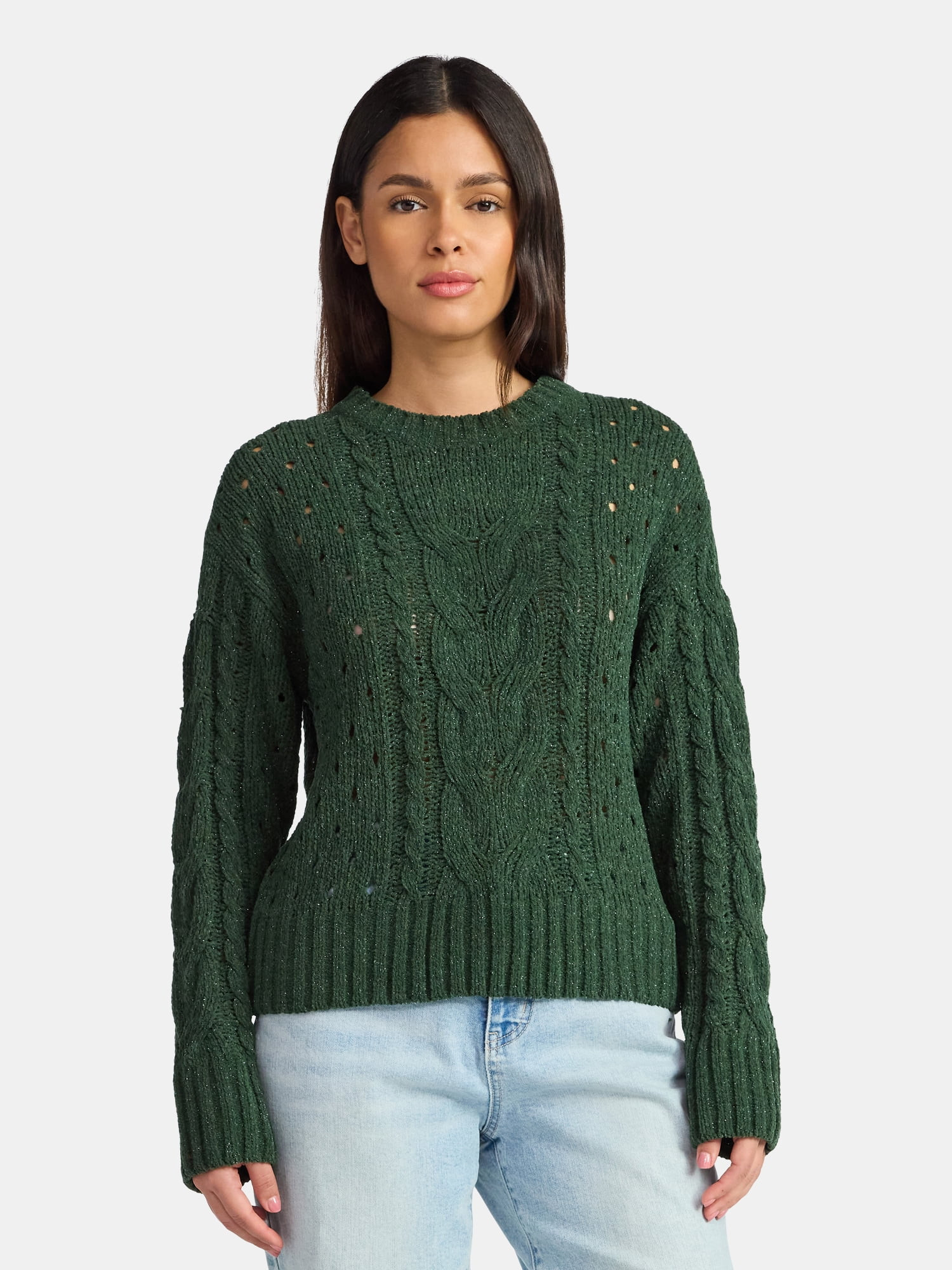 Time and Tru Women's Cable Knit Pullover Sweater with Long Sleeves, Midweight, Sizes XS-XXXL | Walmart (US)