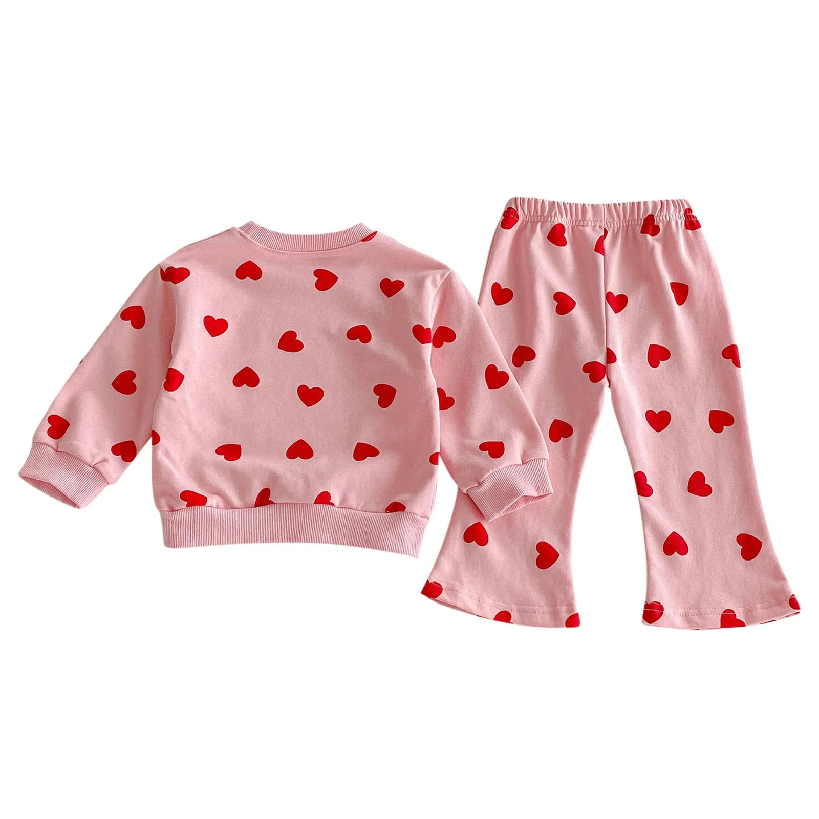 Girls' Red Heart Print 2-Piece Set 100% Cotton Long Sleeve Top & Flared Pants, Elastic Waist Kids... | Walmart (US)