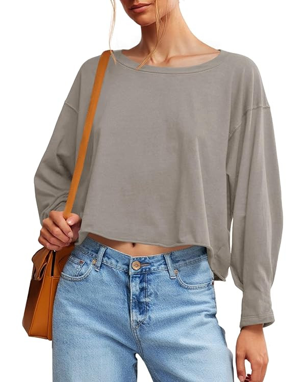 Fisoew Womens Long Sleeve Crop Tops Loose Fit Crew Neck Oversized Cropped Tshirts 2025 Casual Wor... | Amazon (US)
