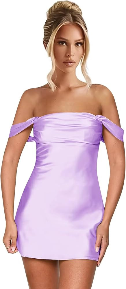 Amazon.com: enetly Satin Off Shoulder Red Short Homecoming Dresses for Teens Tight Open Back Grad... | Amazon (US)