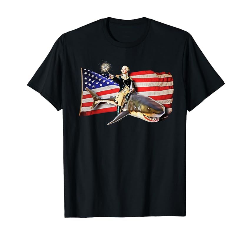 Washington Riding Shark T Shirt Funny July 4th American Flag T-Shirt | Amazon (US)