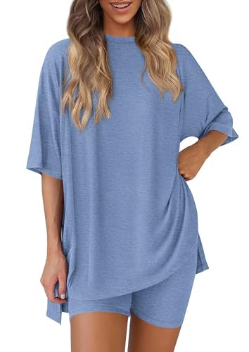PRETTYGARDEN Women's Two Piece Lounge Set 2025 Summer Casual Oversized Shirts Biker Shorts Matching Airport Travel Outfit (Grey Blue,XX-Large) | Amazon (US)