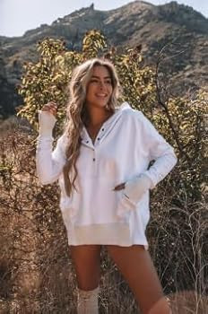 AlvaQ Women Casual Button V Neck Hoodies Oversized Pullover Sweatshirt Hooded Tops with Pockets | Amazon (US)