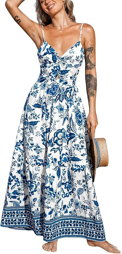 CUPSHE Women's Maxi Dress Floral Print Twisted V Neck Sleeveless Long Dress Summer Casual Dress | Amazon (US)