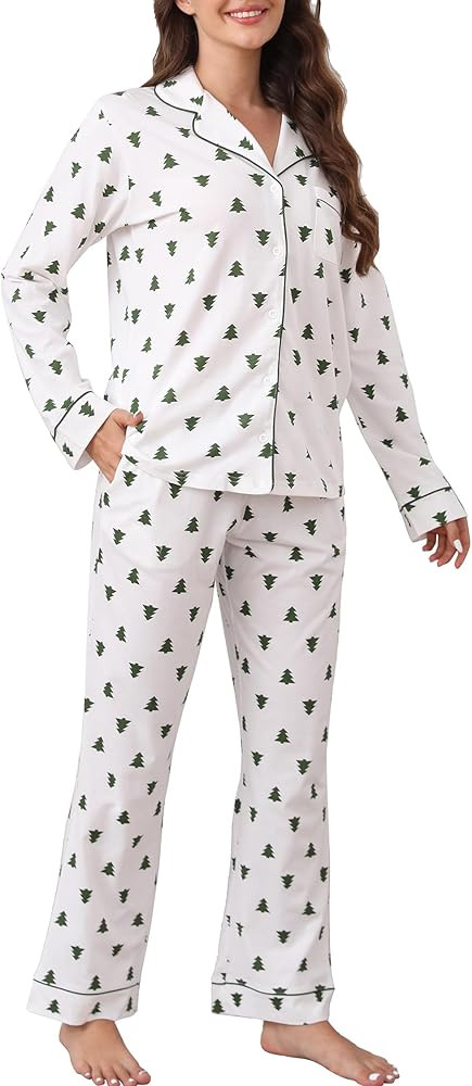 LUBOT 2024 Christmas Pajamas 100% Cotton Womens Pajamas Set 2 Piece Soft Button-Down Xmas PJs Set... | Amazon (US)