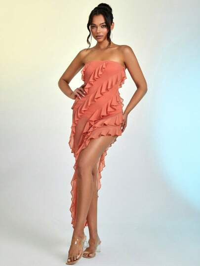 Ruffle Trim Asymmetrical Hem Mesh Tube Dress | SHEIN