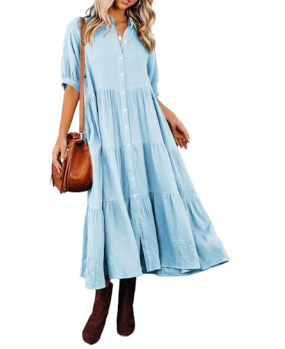 R.Vivimos Women's Summer Cotton Half Sleeves Button Down Casual Loose Slit Midi Dress with Pocket... | Amazon (US)