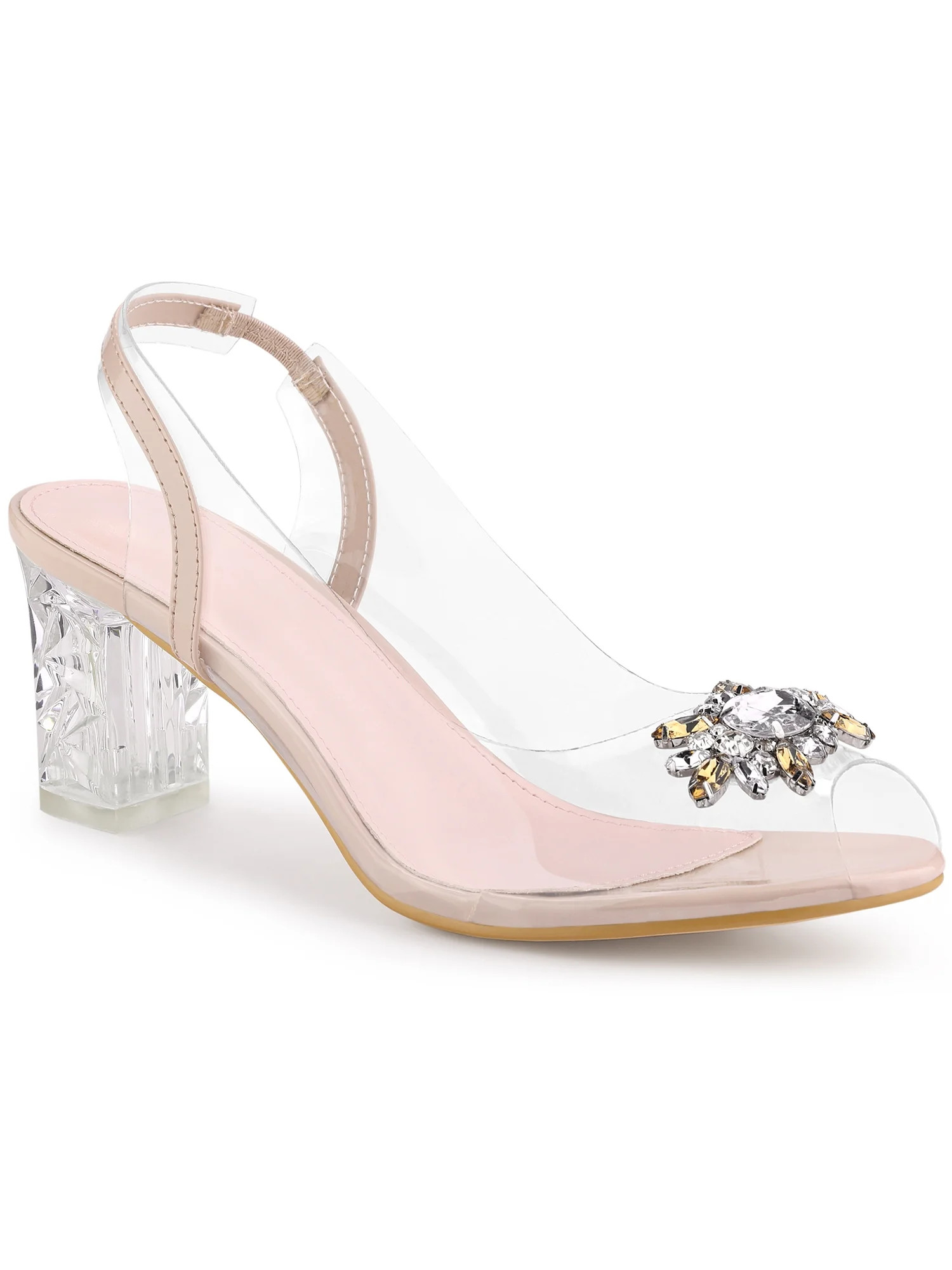Perphy Women's Clear Slingback Rhinestone Peep Toe Block Heels Sandals | Walmart (US)