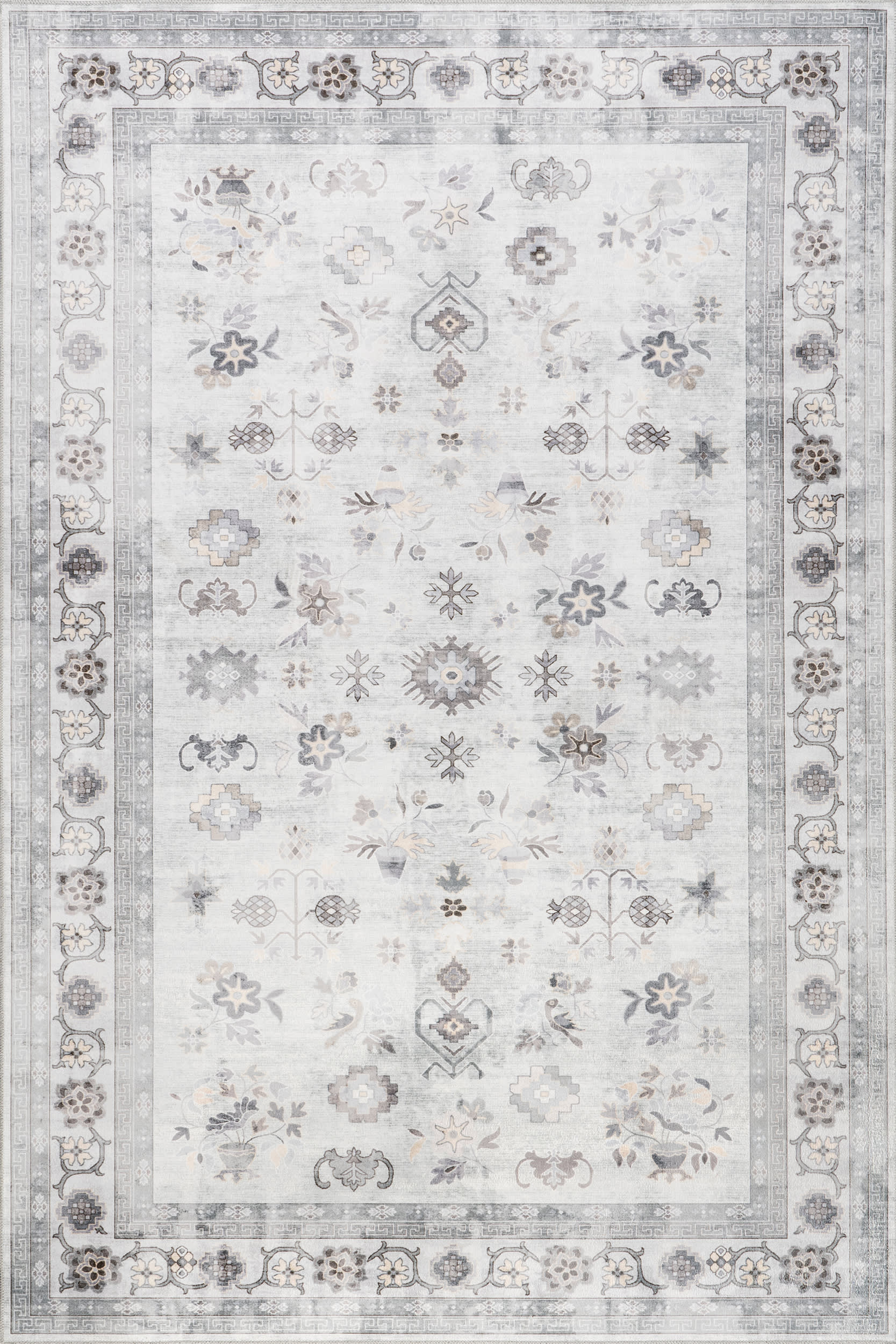 Light Grey Dayflower Vintage Washable 4' x 6' rug | Rugs USA