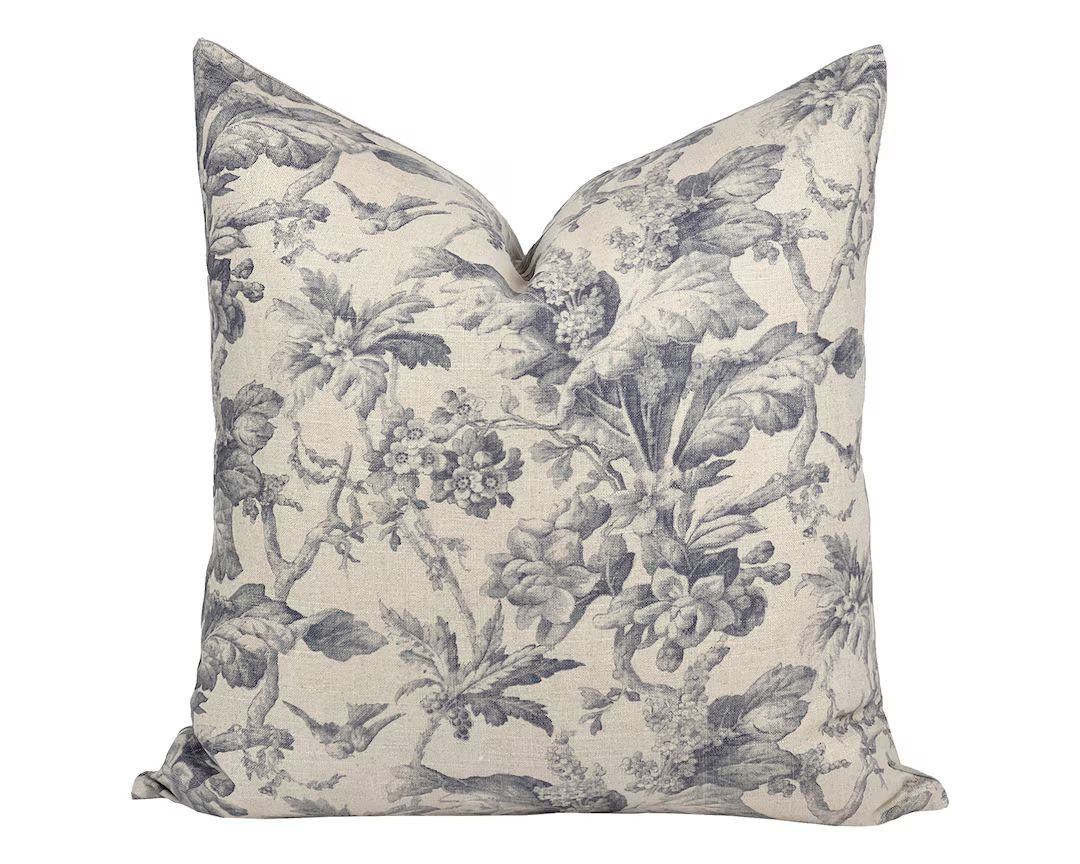 ASTRID Designer Grey Blue Floral Linen Pillow Cover, Classic Floral Print, Greyish Blue Floral, G... | Etsy (US)