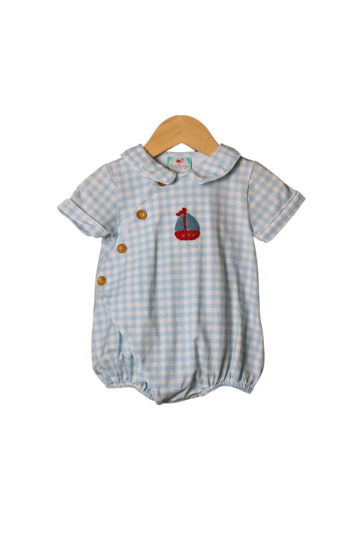 French Knot Sailboat Blue Gingham Knit Bubble | The Smocked Flamingo