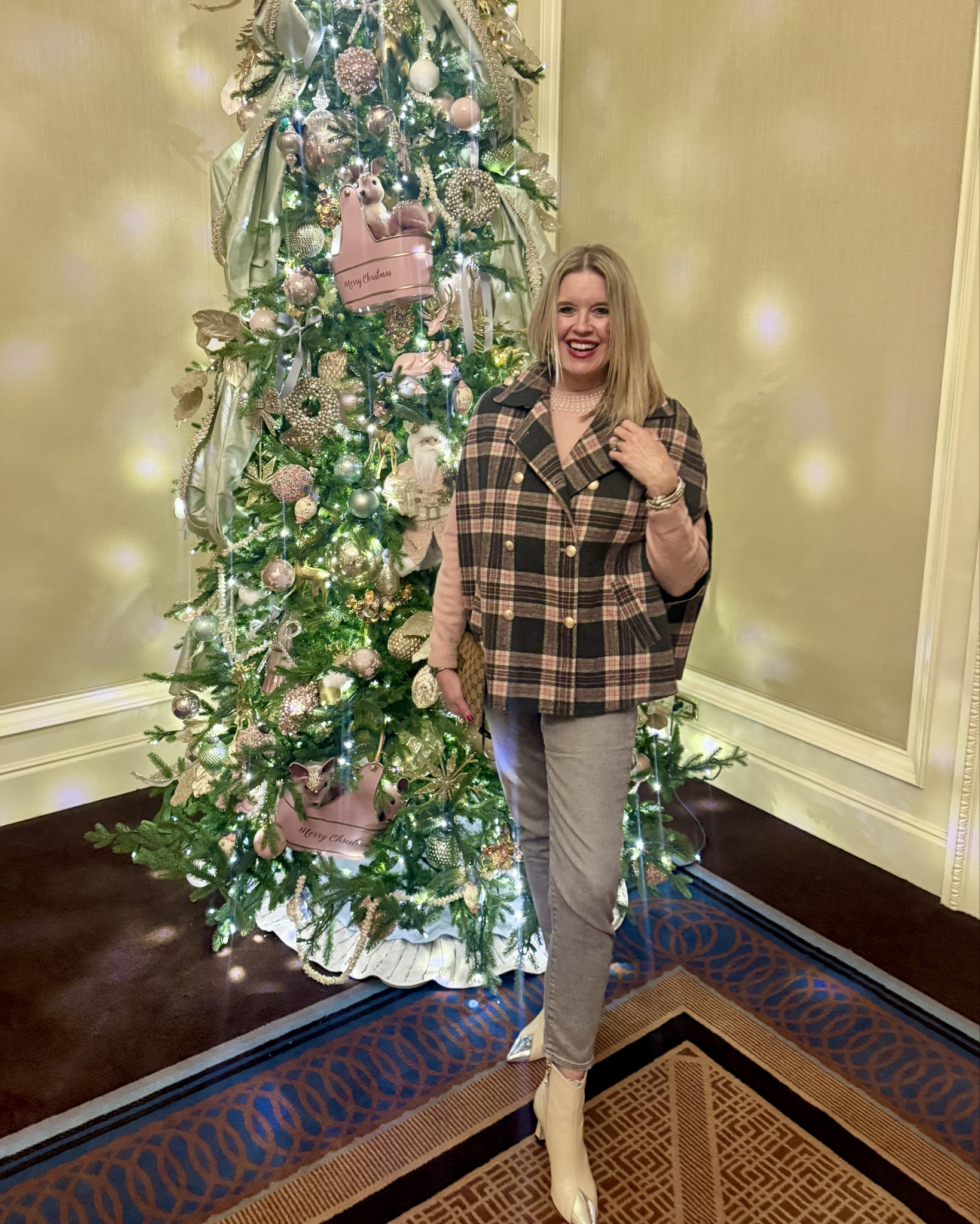 Pink & Grey Winter outfit look

Pink and grey plaid cape
Perfect Winter layer, amazing quality and perfect out wear layer love the button detail 
Tts 

Pink and pearl collar sweater by Gibson look fits tts in a small 
Save 10% off with code DARCY10

Love the feel and quality 

Grey Chico jeans girlfriend straight leg , fit tts in a 0 (4) 
Comfy and soft denim

Cecelia New York silver capped toe bootie tts

Earrings target find under $12

Bracelets are by pearls by Sheri and not linkable 

#LTKootd #LTKFindsUnder50 #LTKOver40