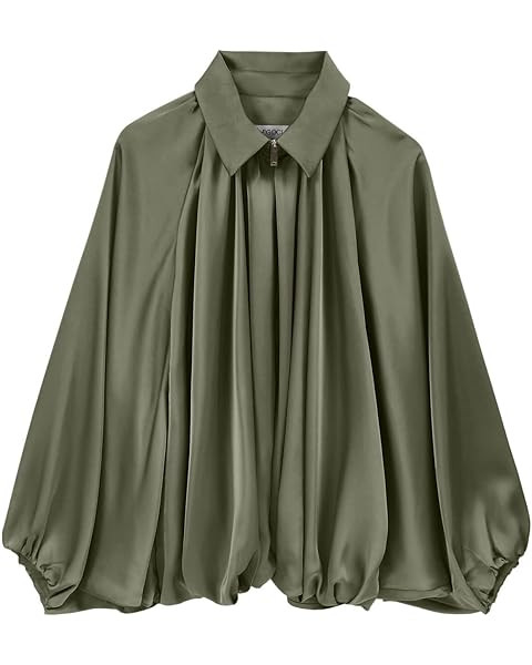 Womens Puffed Bomber Jacket Casual Batwing Sleeve Lapel Collar Zip Shirts Oversized Pleated Stree... | Amazon (US)