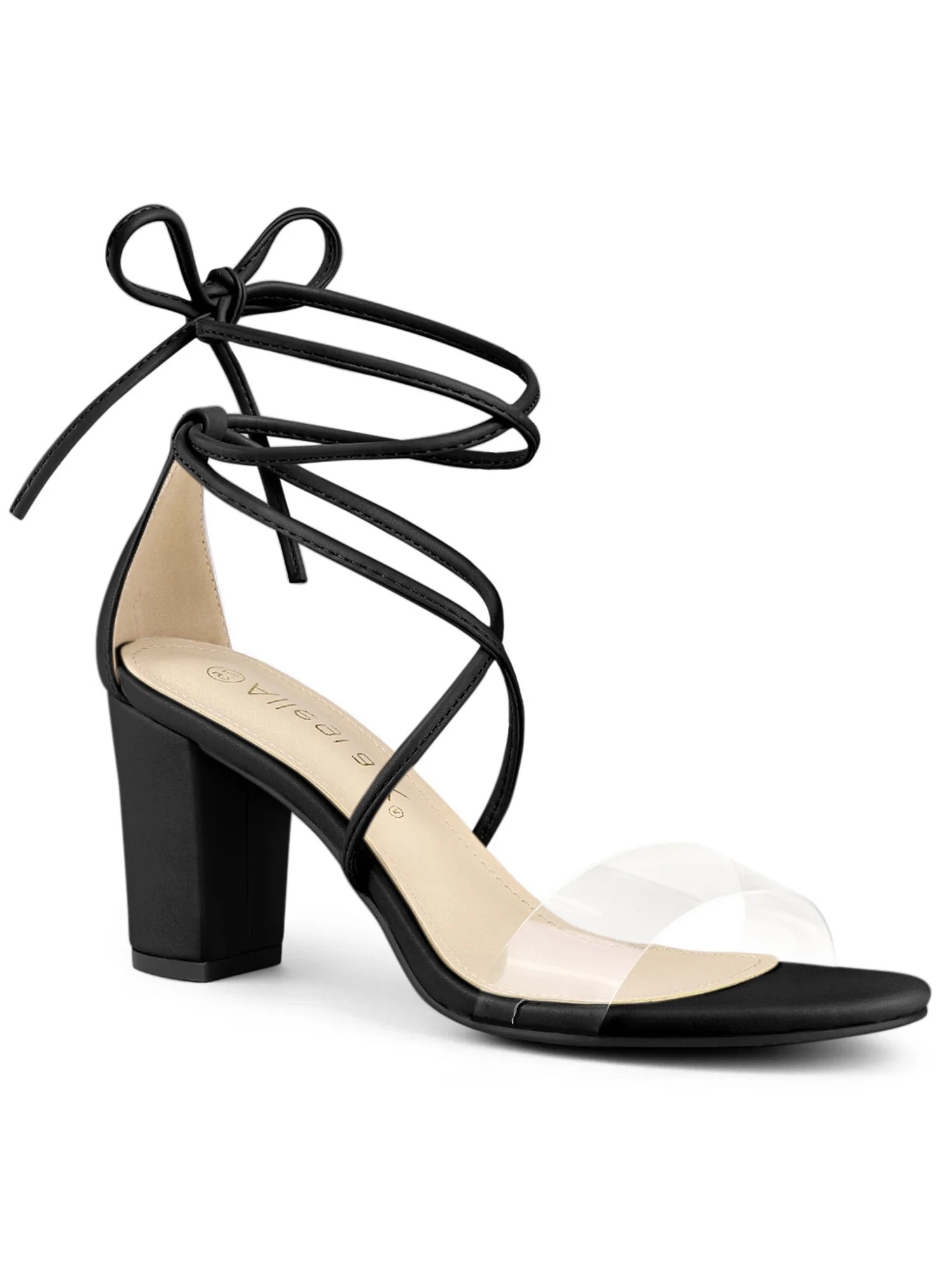 Unique Bargains Women's Clear Strap Block Heel Lace Up Heels Sandals | Walmart (US)
