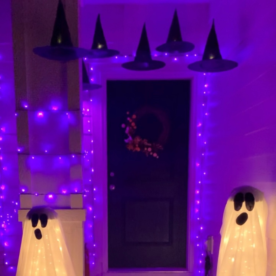 Halloween porch, but make it cute! Floating witches hats with flickering lights are my favorite! The ghosts are pretty fun too!

#LTKHalloween #LTKSeasonal #LTKhome