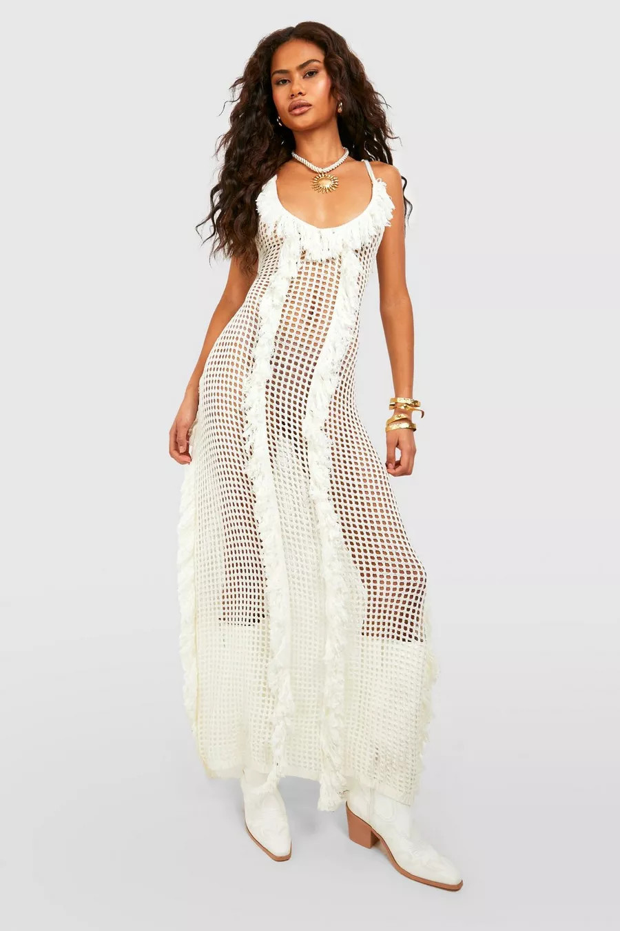 Crochet Fringed Cover Up Beach Maxi Dress | Boohoo.com (US & CA)