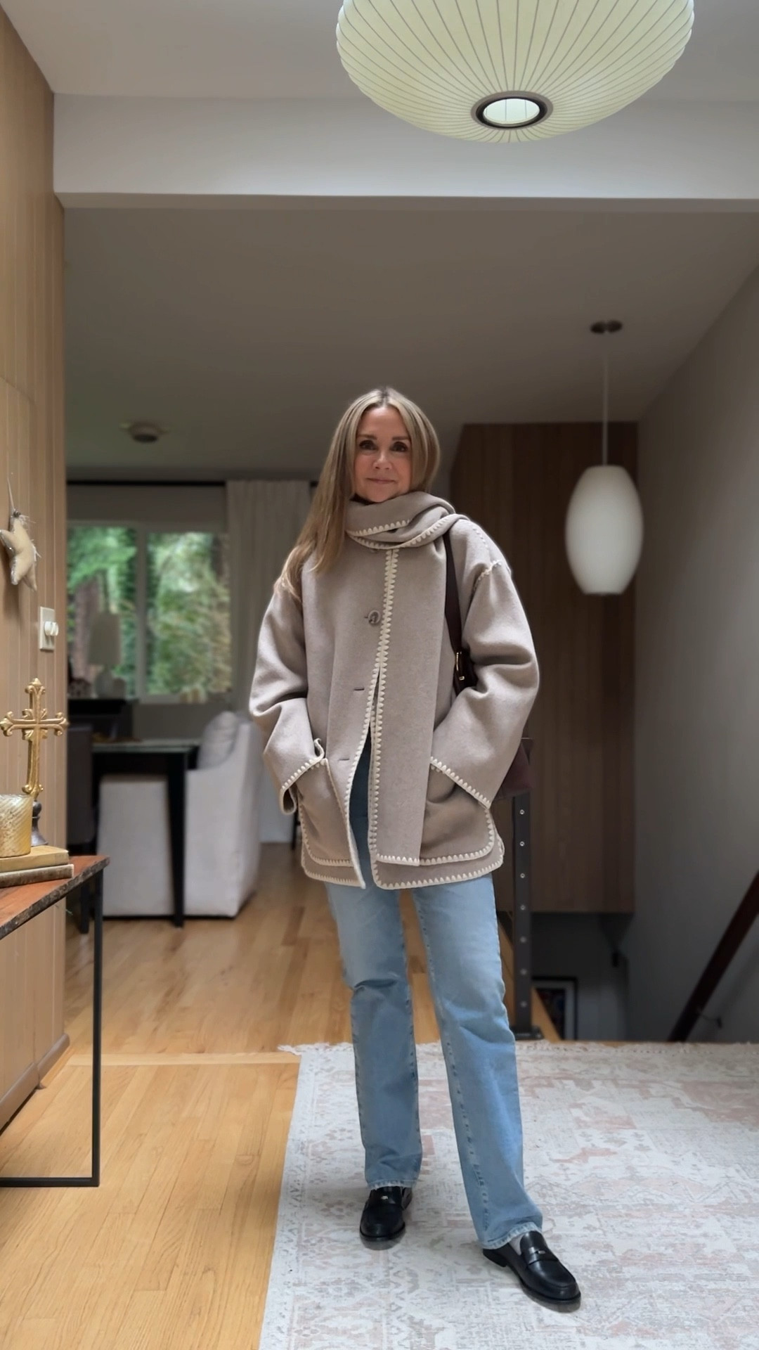 Cozy statement coat! Love this scarf coat from Quince! Styled with straight leg jeans and the most comfortable Tory Burch loafers  

#LTKootd #LTKOver40 #LTKFindsUnder100