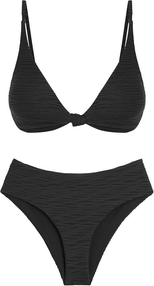 ZAFUL Bikini Set for Women V Neck Knot Front Push Up Bathing Suit High Cut Two Piece Swimsuit Bra... | Amazon (US)