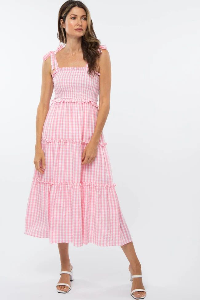 Pink Gingham Ruffle Tiered Midi Dress | PinkBlush Maternity