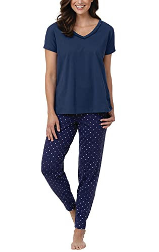 PajamaGram Jogger Pajama Set for Women - Summer Cotton Pajamas for Women, Relaxed Fit Flared Cotton Pajamas for Women Short Sleeve Jogger Set - 100% Cotton Women's Pajama Sets, Navy Polka Dot, MD | Amazon (US)