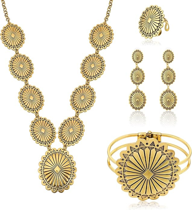 4 PCS Western Turquoise Jewelry for Women Boho Vintage Navajo Pearl Necklace Earring Bracelet Rin... | Amazon (US)