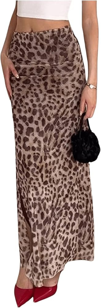 WDIRARA Women's Leopard Print Mesh Skirt Ruched Split Thigh Low Waist Maxi Skirts | Amazon (US)
