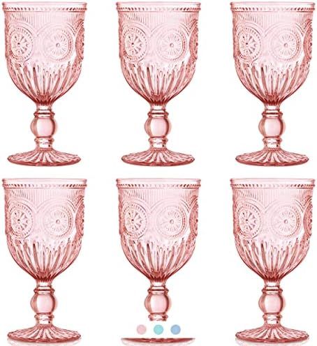 Pink Wine Glasses set of 6 pink goblets, dishwasher safe colored pink glassware, vintage style fo... | Amazon (US)