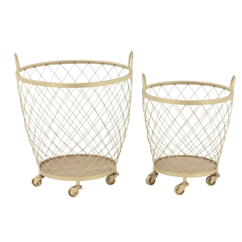 Modern Diamond Weave Round Basket Set with Wheels | Wayfair Professional