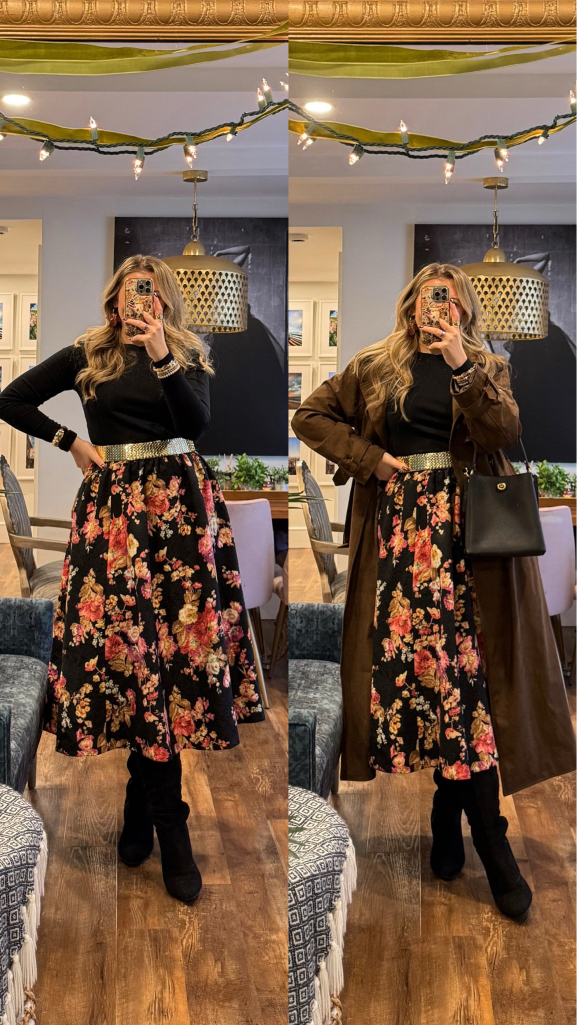 So incredibly obsessed with this full skirt. Wearing a large, waist is a little big. floral skirt, midi skirt, holiday outfit, holiday outfit idea, holiday party outfit, christmas outfit, holiday outfits womens, holiday party outfits, christmas party outfits #LTKootd 

 #LTKHoliday #LTKootd #LTKMidsize