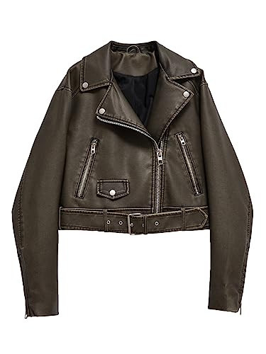 LY VAREY LIN Women Faux Leather Cropped Jacket Zipper Buckle Belted Distressed Biker Coat | Amazon (US)