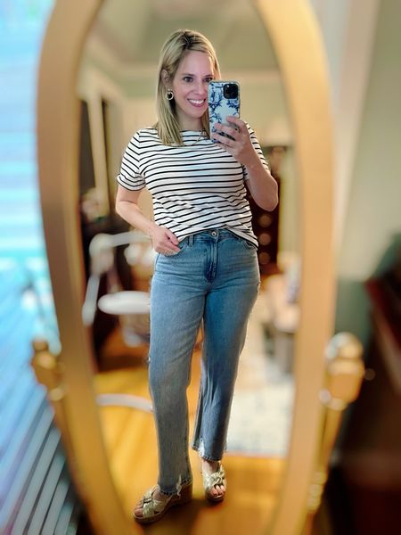 High rise jeans, striped t-shirt, gold jewelry, gold sandals, classic outfits, lol outfits 

#LTKfindsunder100 #LTKover40 #LTKfindsunder50