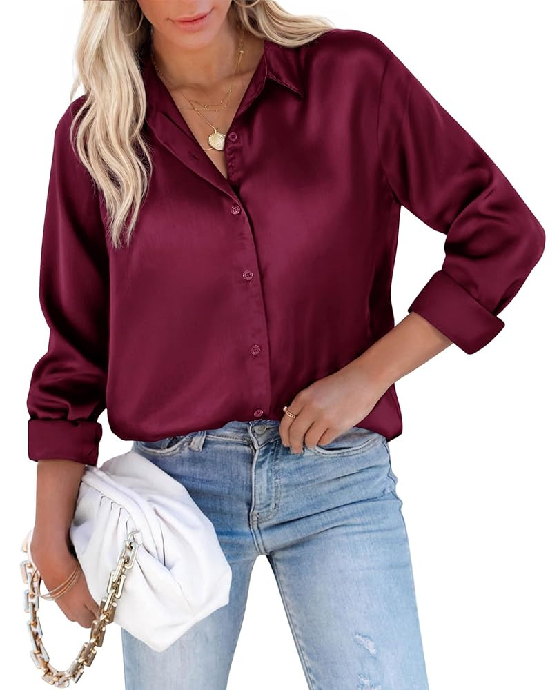siliteelon Satin Blouses for Women Silk Button Down Shirts Casual Long Sleeve Shirt Business Offi... | Amazon (US)