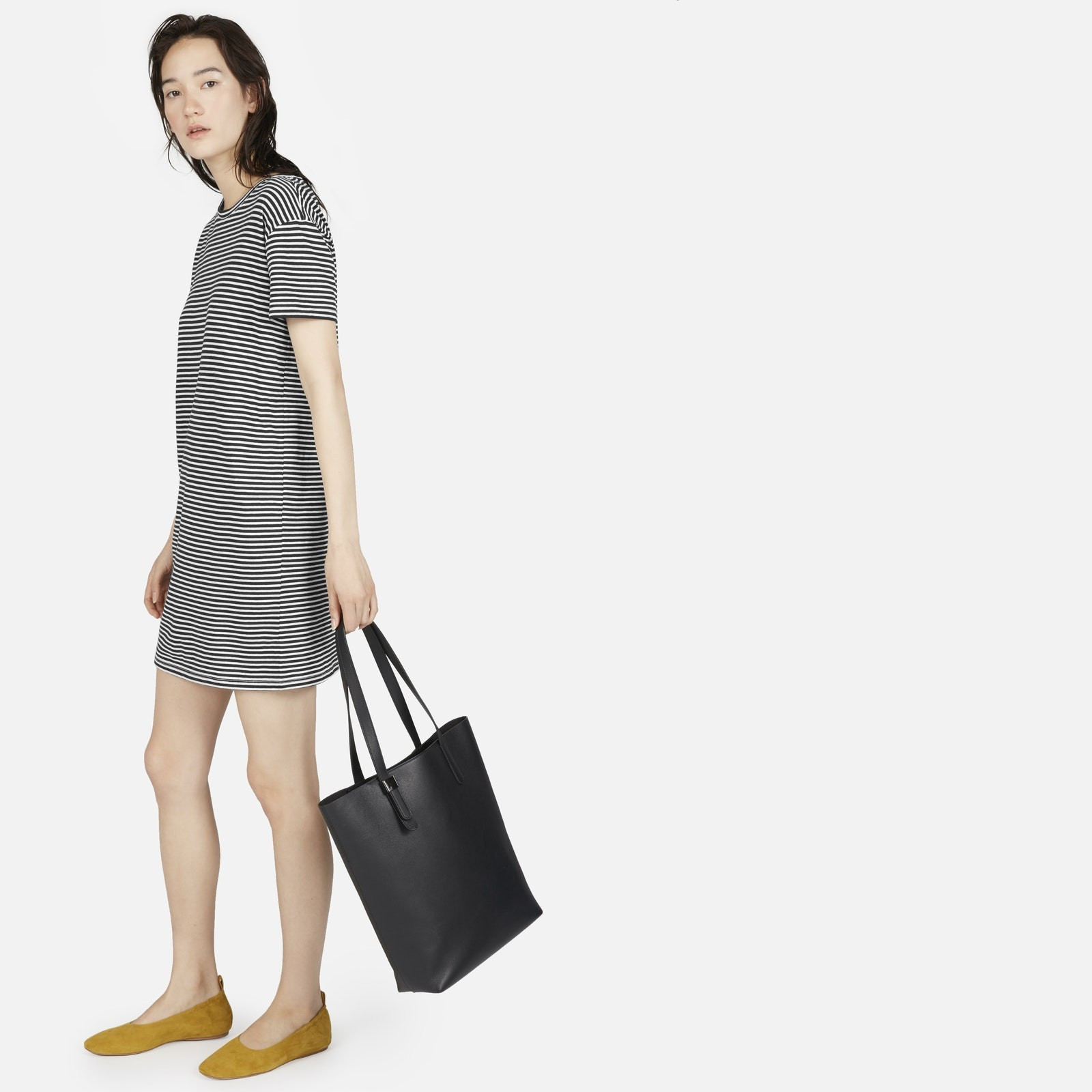 Women's Cotton Box-Cut Tee Dress by Everlane in Washed Black / Bone Mini Stripe, Size XXS | Everlane