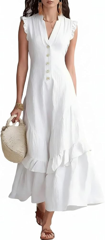 Women's V Neck Maxi Dress Cap Sleeve Button Front Ruffle Tiered Hem Flowy Summer Casual Vacation ... | Amazon (US)