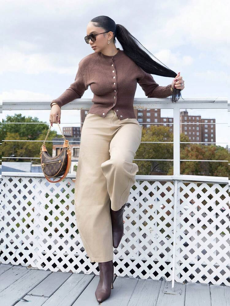 Dark brown knitwear longsleeve sweater | SHEIN