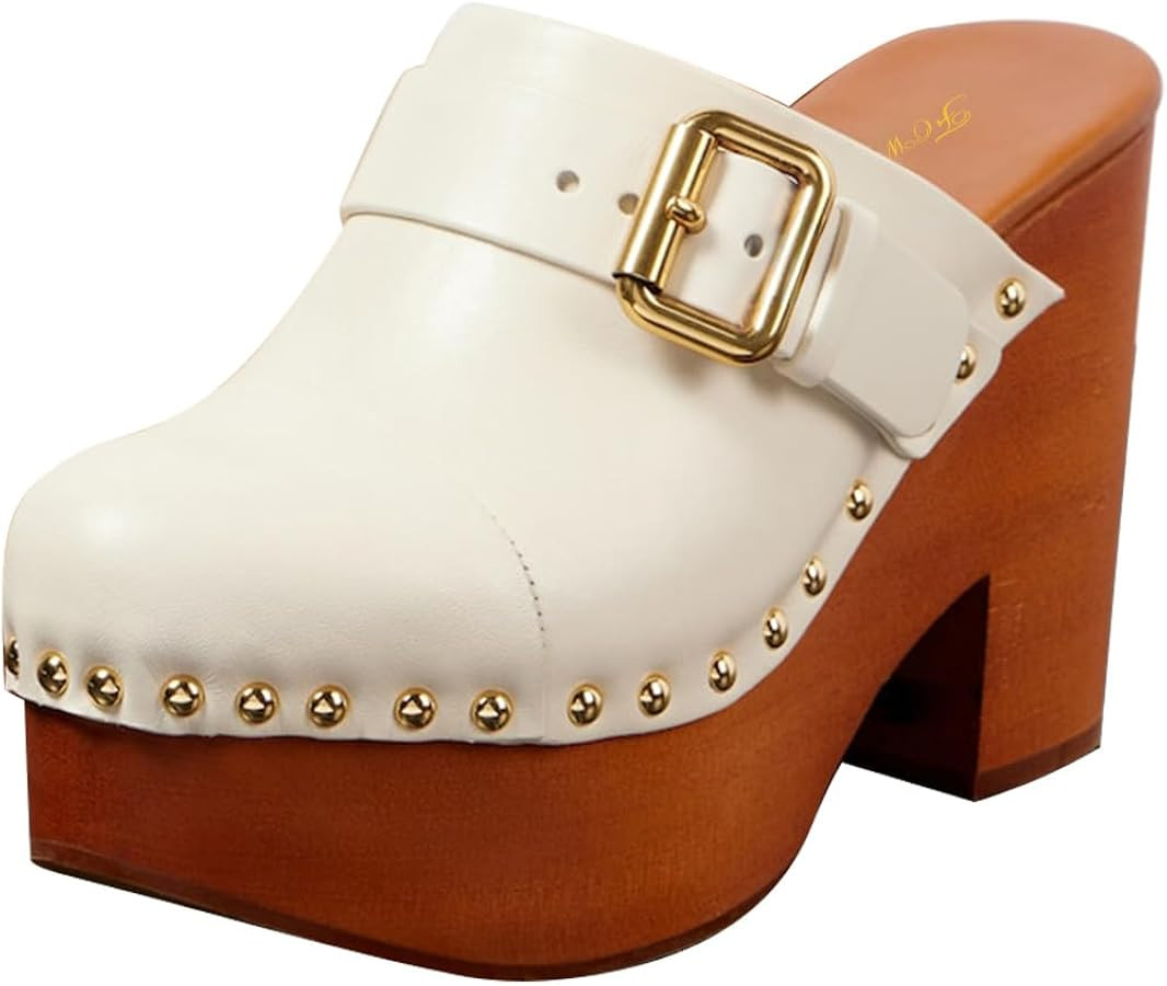 FOWT Women Platform Round Toe Mules Slip on Chunky High Heel Clogs Rivet Studded Dressy Outfit Sl... | Amazon (US)
