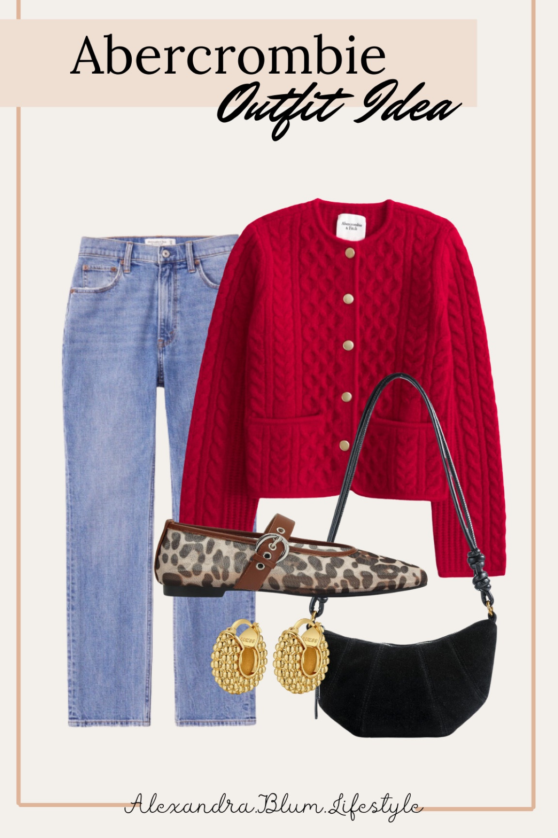 Abercrombie outfit idea! Winter outfit! Winter workwear outfit! Christmas outfit! Holiday outfit! Red button up cardigan, straight leg jeans, black crescent purse, cheetah mesh flats, and gold hoop earrings! 

#LTKItBag #LTKWorkwear #LTKFindsUnder100