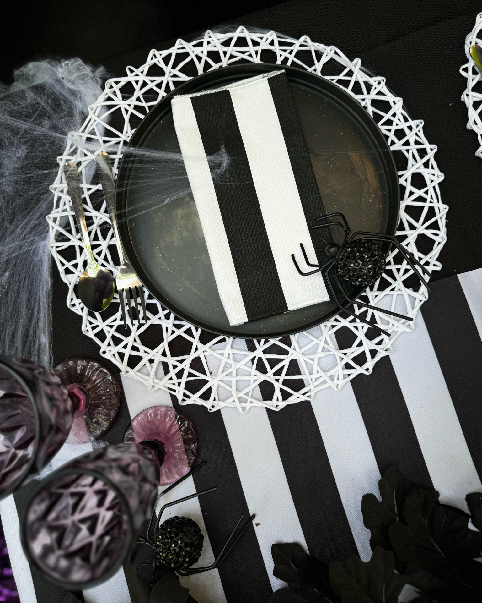 Halloween tablescape for beetlejuice movie premiere! Stripes, purple & green 

#LTKFamily #LTKSeasonal #LTKParties