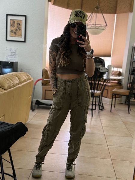 Camo Vibes 
Nuuds baby tee xs 
All saints joggers size 2 but big on me stay TTS
No Bull shoes TTS old style 
Camo Hat 🧢 Etsy Finds 

#LTKStyleTip #LTKActive #LTKMidsize