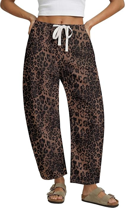 GRAPENT Barrel Jeans for Women Trendy High Waisted Pull On Wide Leg Cropped Leopard Cheetah Print... | Amazon (US)