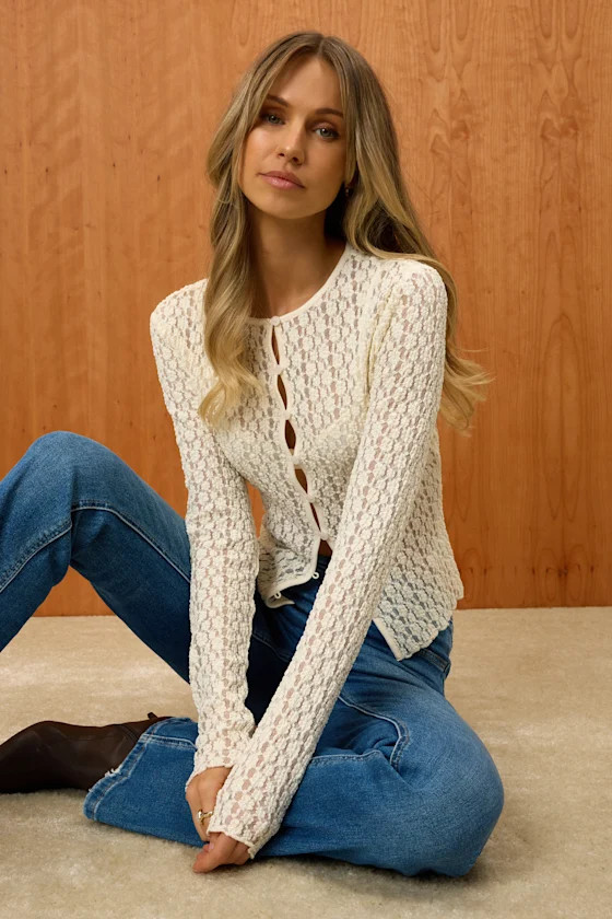 Collie Ivory Sheer Lace Button-Front Cardigan | Lulus