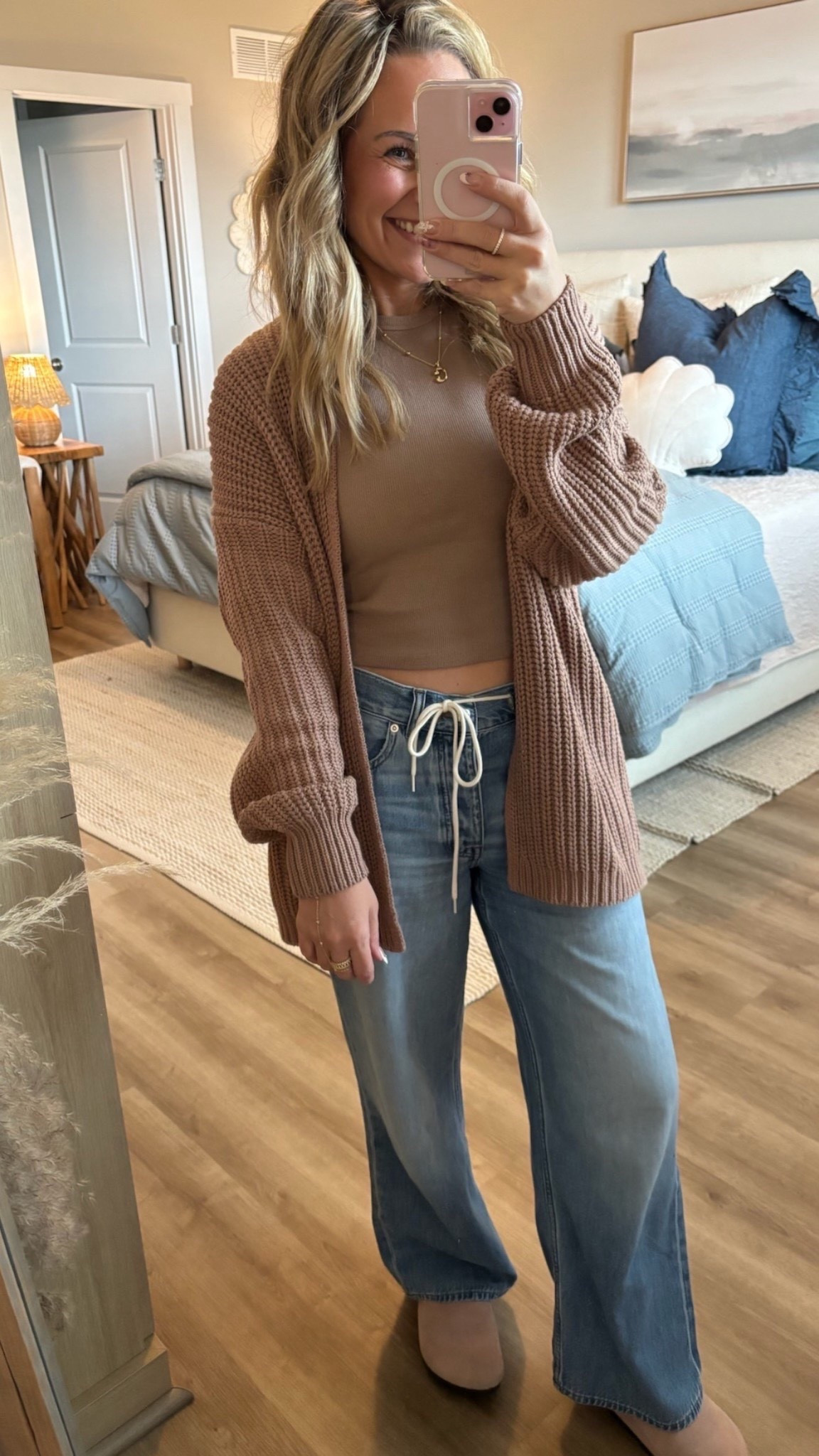 women’s jeans, drawstring wide leg jeans, cardigan, cozy casual outfit, trendy outfit, every day outfit, women’s fashion, petite friendly 

#LTKSeasonal #LTKPetite #LTKootd