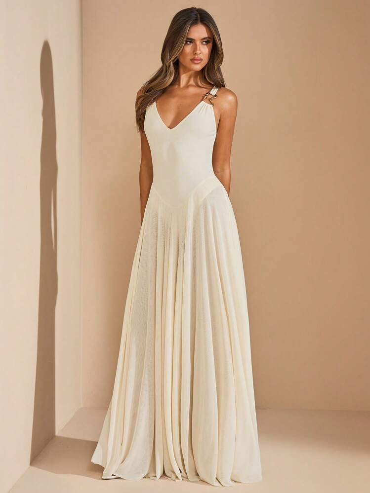 SHEIN BAE Beige Sleeveless Dress With Flared And Flowy Mesh Skirt, Sheer Net Long Dress, Beach Holiday Long Dress, Elegant Dress For Spring/Summer Party Dresses For Women | SHEIN