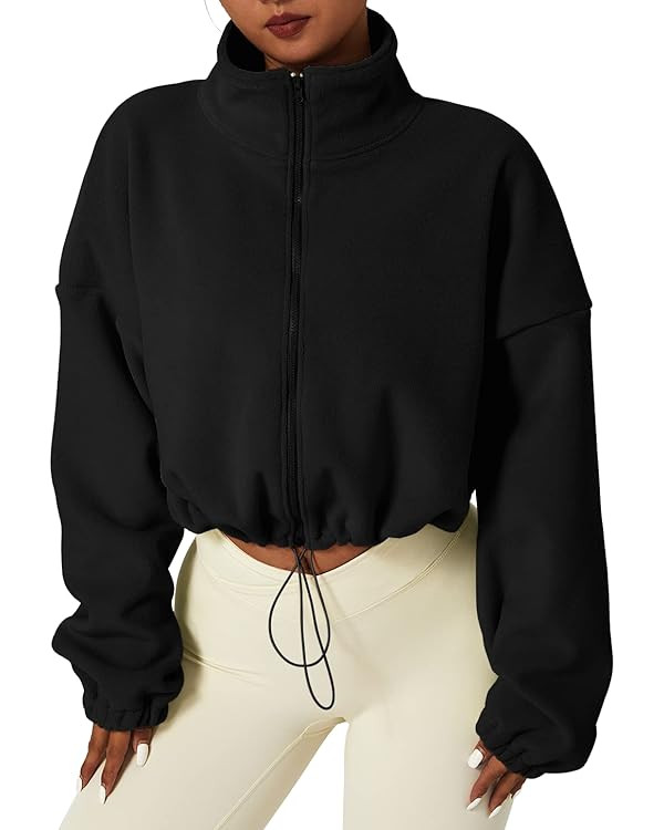 QINSEN Women's Full Zip Fleece Short Jacket Warm Winter Long Sleeve Stand Collar Sherpa Crop Coat | Amazon (US)