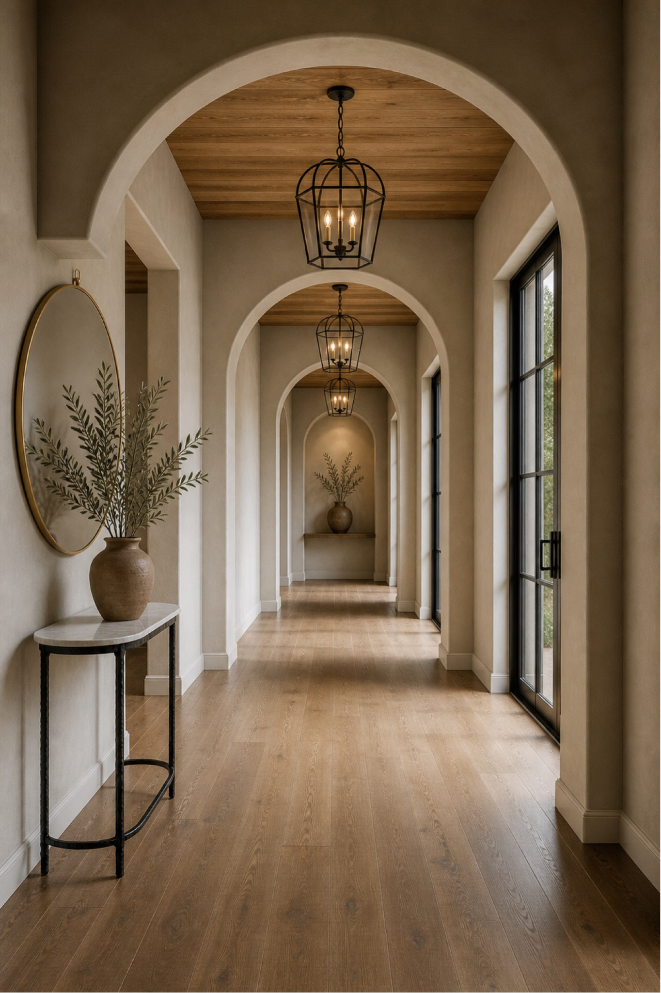 Pulling inspiration for our new build! I love a statement hallway. From the arches to the wood ceiling and the black doors..it all feels elevated yet still livable!

#LTKHome