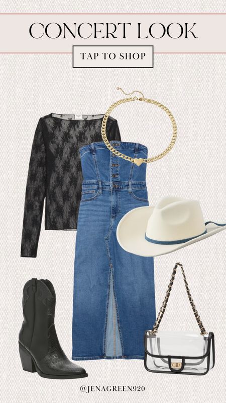 Concert Look | Western Outfit Inspo | Denim Strapless Dress | Black Sheer Lace Top | Cowboy Hat | Clear Stadium Bag 

#LTKfindsunder100 #LTKstyletip #LTKsalealert