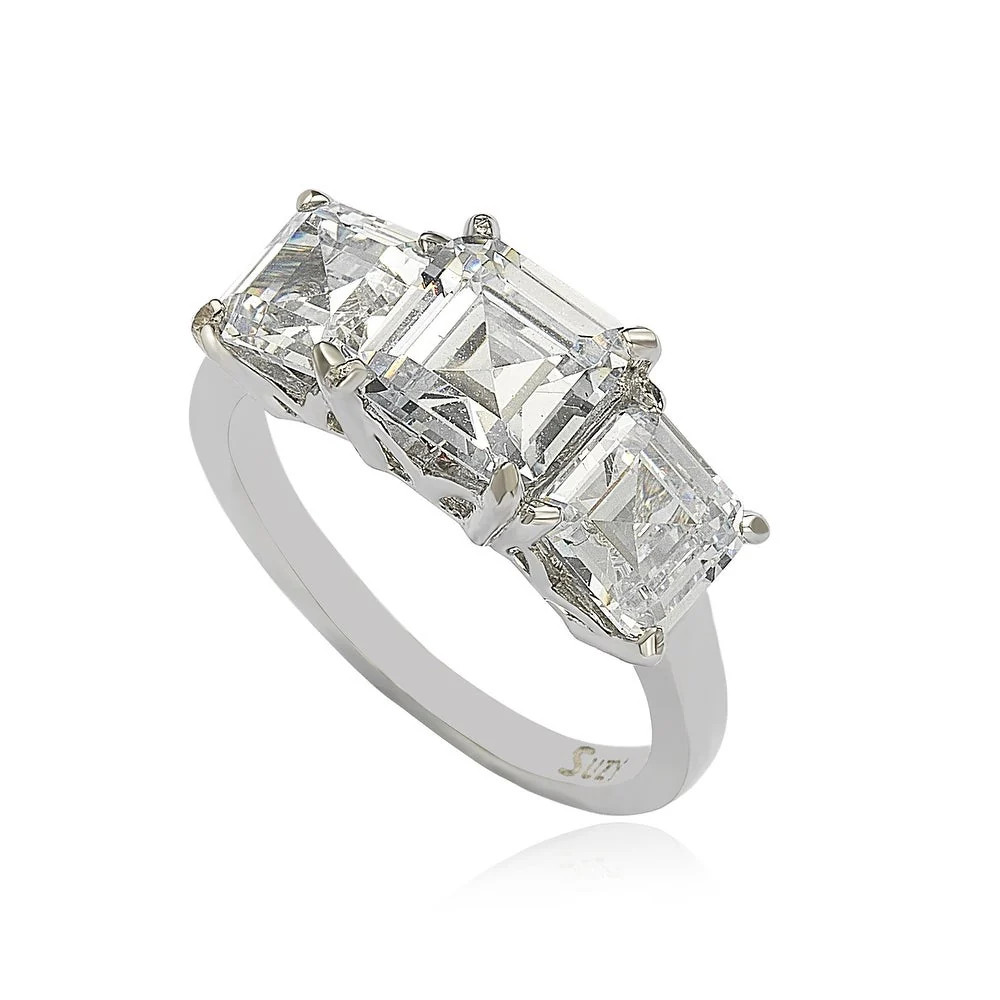 Suzy Levian Sterling Silver White Cubic Zirconia 3-Stone Engagement Ri | SUZY LEVIAN